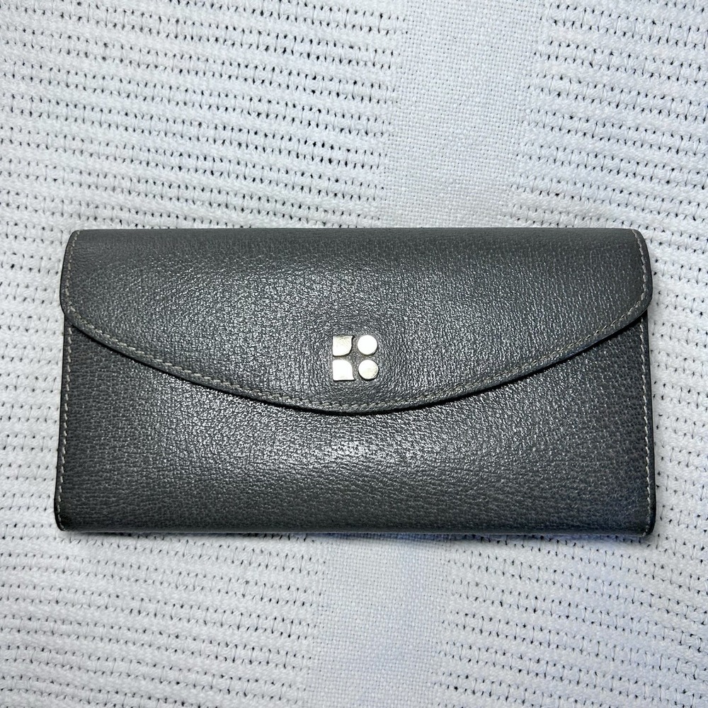 Kate Spade Gray Leather Flap Bifold Checkbook Wallet On The Logo Button